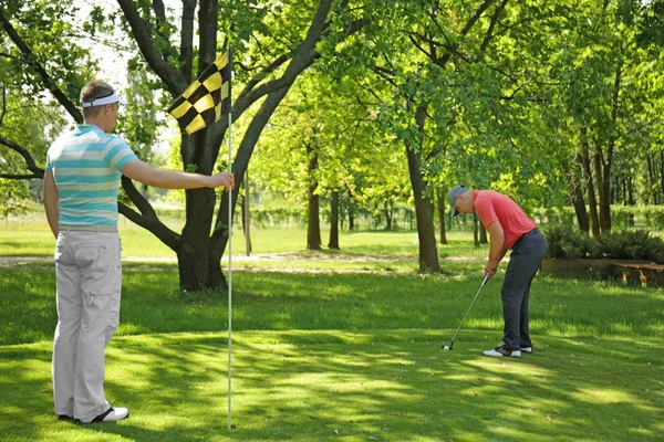 Hombres jóvenes jugando al golf en el campo en un día soleado —  Fotos de Stock
