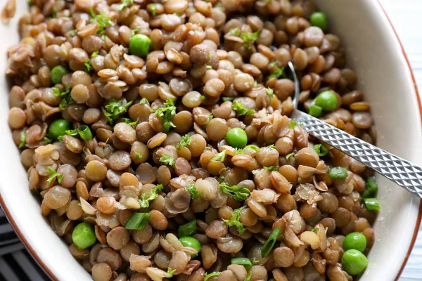 Casserole dish with tasty lentil porridge — Stock Photo, Image