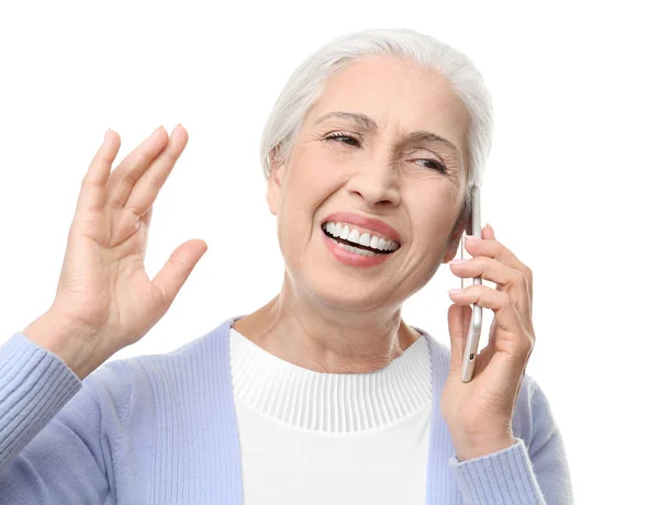 Elderly woman talking on mobile phone — Stock Photo, Image