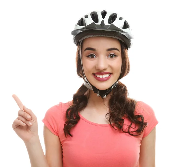 Schöne junge Fahrradfahrer mit Helm auf weißem Hintergrund — Stockfoto