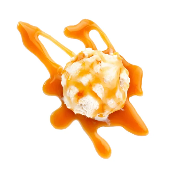 Vanilla ice cream with caramel sauce on white background — Stock Photo, Image