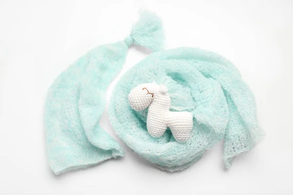 Woolen toy with baby clothes — Stock Photo, Image