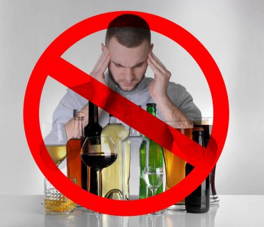 Collage of alcohol drinks in glassware, young man with headache and STOP sign on grey background clipart