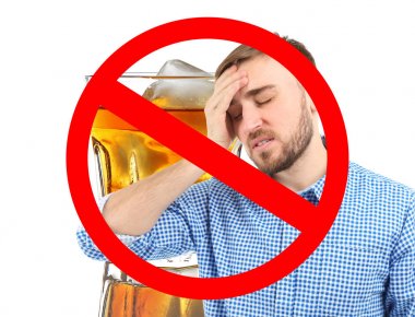  young man with headache and STOP sign  clipart
