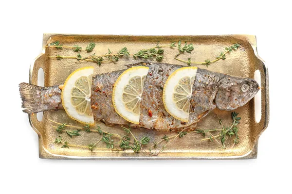 Zlatý podnos s chutné smažené ryby — Stock fotografie