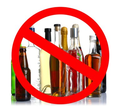 Different alcohol drinks in bottles with STOP sign on white background clipart