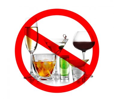 Different alcohol drinks with STOP sign  clipart