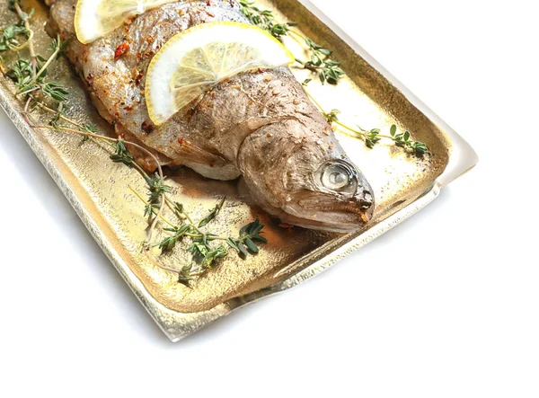Bandeja dorada con sabroso pescado frito — Foto de Stock