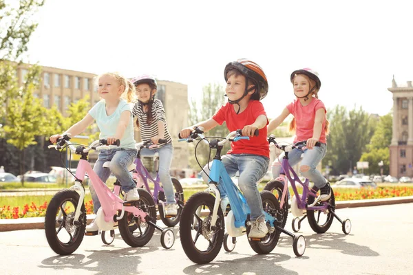 Cute Little Children Riding Bicycles Outdoors Sunny Day — Stock Photo, Image
