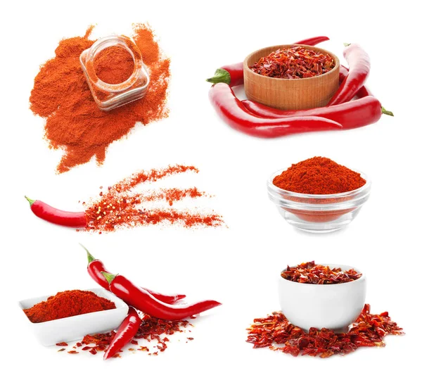 Collage of chili peppers and powder — Stock Photo, Image