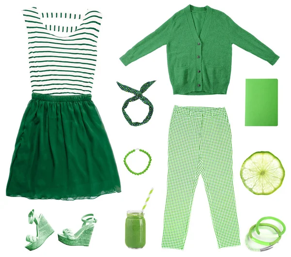 Collage of greenery color clothes — Stock Photo, Image