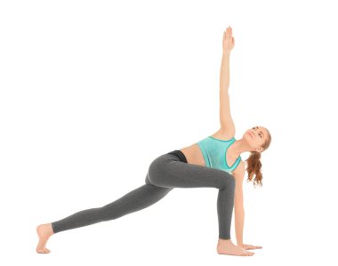 Yoga poz beyaz arka plan üzerinde pratik genç güzel kadın