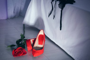 Kırmızı ayakkabılar ve rose katta yatak odasında. Seks kavramı