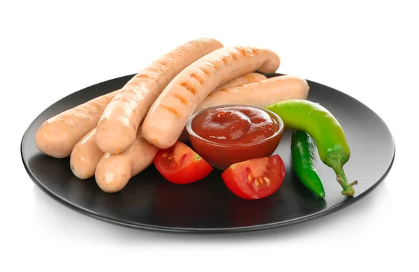 Plate with roasted sausages and tomato sauce on white background — Stock Photo, Image