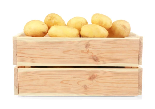 Wooden box with potatoes on white — Stock Photo, Image