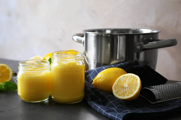 Composition with delicious lemon curd on table — Stock Photo, Image