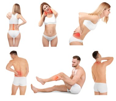 Collage with people suffering from pain in different parts of body on white background. Orthopedist and health care concept clipart