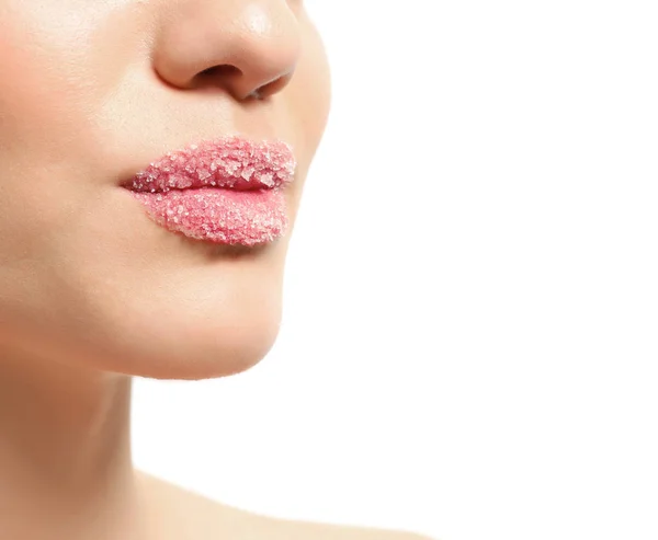 Lips of young woman covered with sugar — Stock Photo, Image