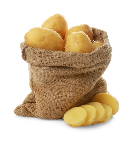 Saco com batatas em branco — Fotografia de Stock