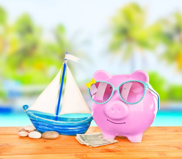 Banco Piggy com óculos de sol e dinheiro — Fotografia de Stock