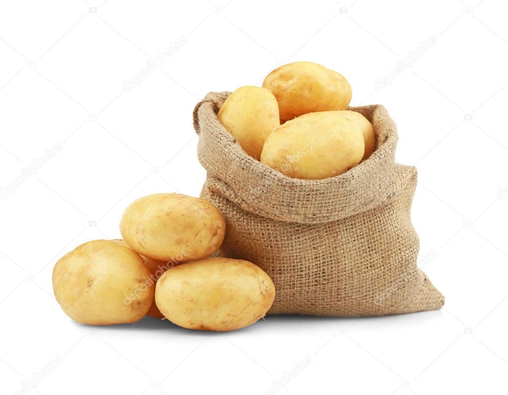 Sack with potatoes on white 