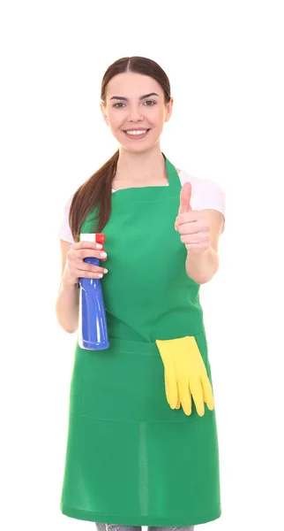 Young woman in green apron on white background. Cleaning service concept — Stock Photo, Image