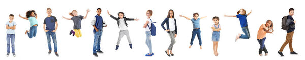 Schoolchildren of different ages on white background
