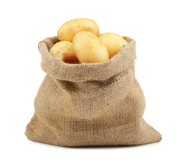 Sacco con patate su bianco — Foto Stock