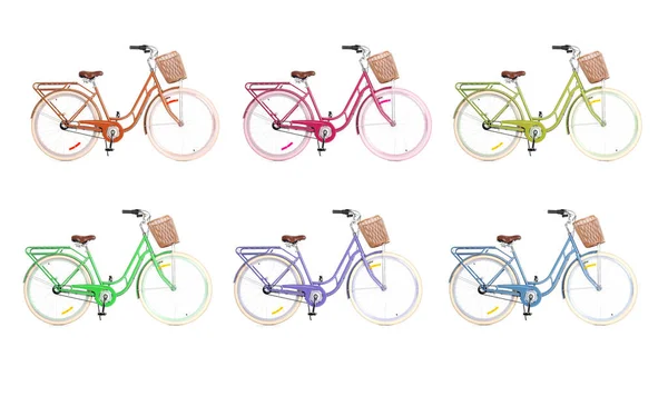 Collage met fietsen van verschillende kleuren — Stockfoto