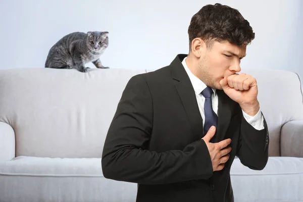 Ill Man Suffering Cough Pet Background Concept Allergies Cats — Stock Photo, Image