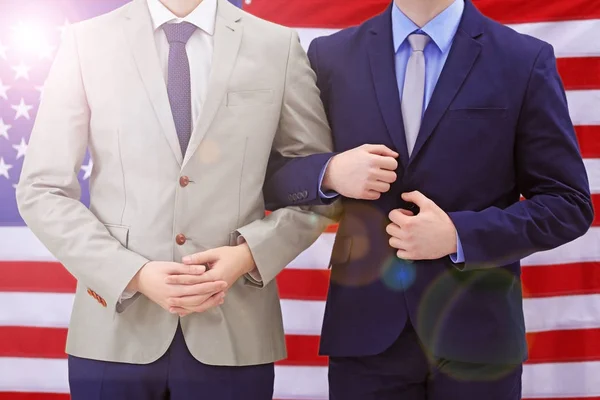 Gay couple and USA flag on background — Stock Photo, Image