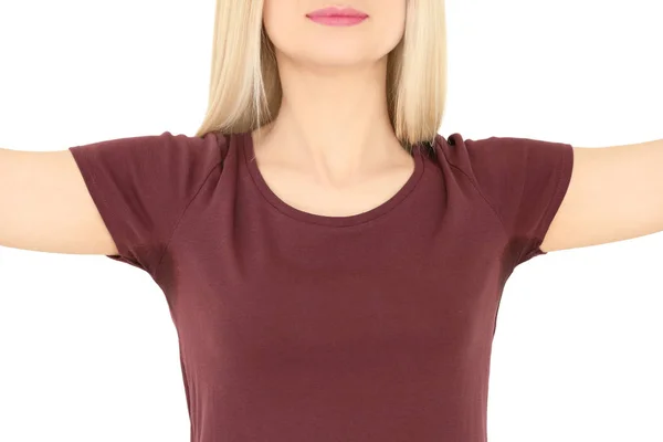 Mulher com suor mancha na t-shirt — Fotografia de Stock