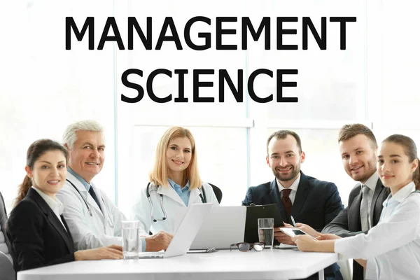 Concept of management science. People on business meeting in office