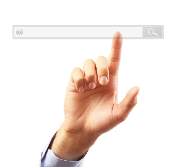 Internet-Einkaufskonzept. Mann klickt auf Browser-Suchleiste, weißer Hintergrund — Stockfoto