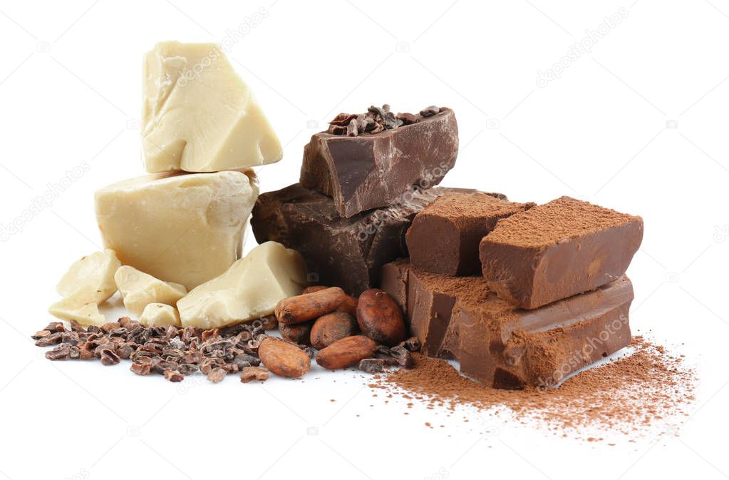 Dark chocolate pieces and cocoa products on white background