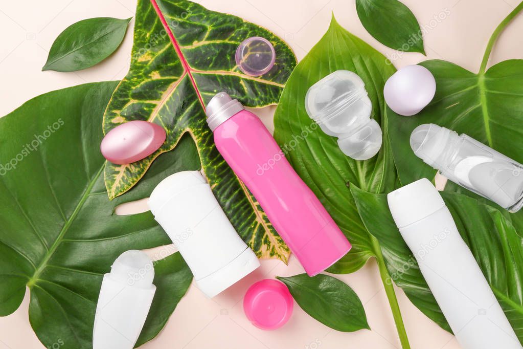 Different deodorants with leaves