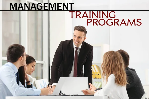 Concept of management training programs. People on business meeting in office