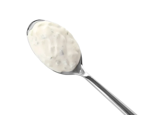 Kaşık lezzetli yoğurt sos — Stok fotoğraf