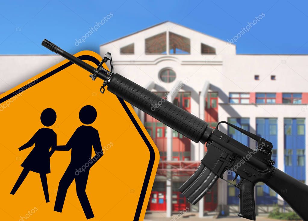 Children crossing sign with rifle and building on background. School shooting concept