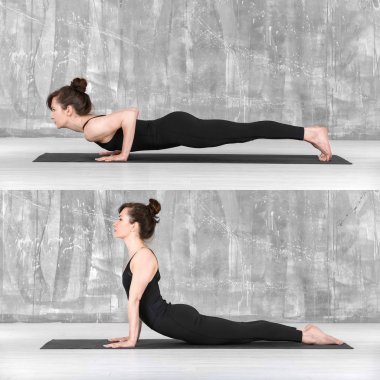 Genç kadının farklı yoga pozlar yapması kolaj