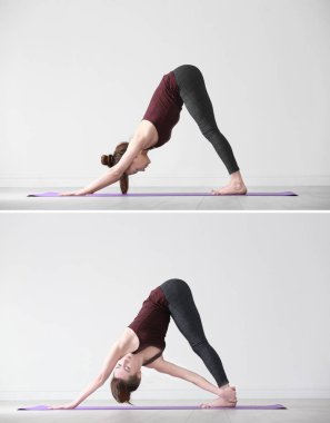 Genç kadının farklı yoga pozlar yapması kolaj