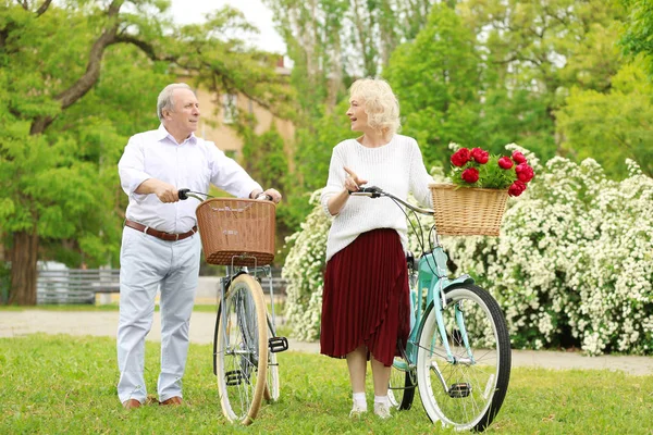 Feliz pareja de ancianos con bicicletas — Foto de Stock