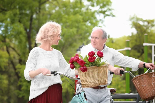 Feliz pareja de ancianos con bicicletas — Foto de Stock