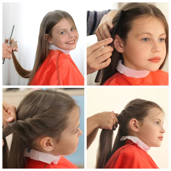 Коллаж маленькой девочки с стрижкой в парикмахерской — стоковое фото