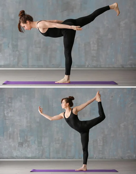 Collage di giovane donna che fa diverse pose yoga — Foto Stock