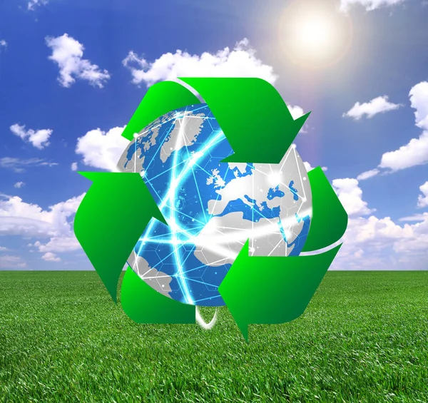 Globe och tecken på återvinning — Stockfoto