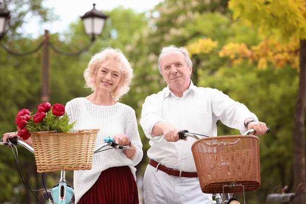 Felice coppia anziana con biciclette — Foto Stock