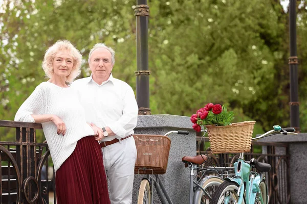 Feliz pareja de ancianos con bicicletas — Foto de Stock