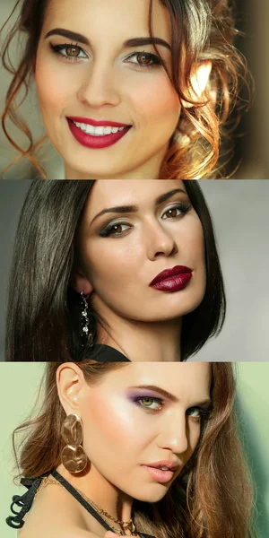 Collage Belle Donne Con Trucco Pelle Ulivo Primo Piano — Foto Stock