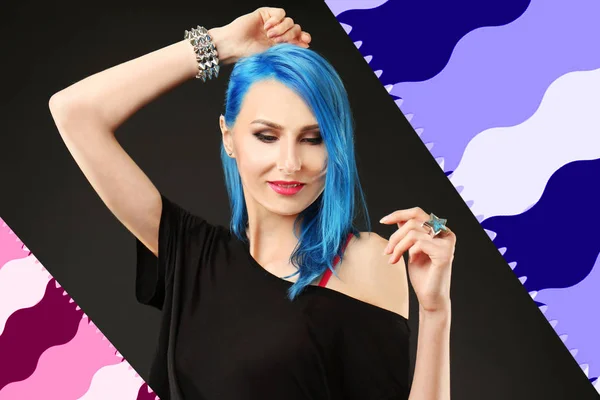 Young woman with color hair and beautiful makeup on dark background